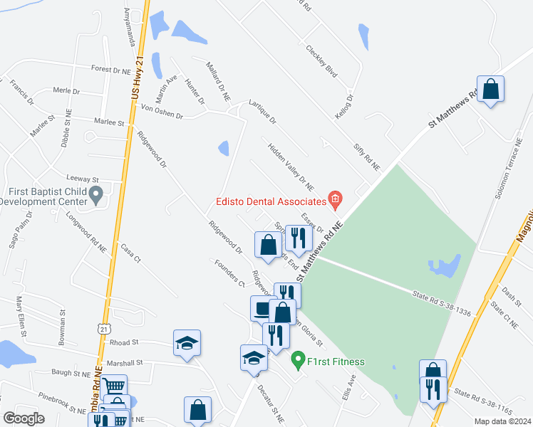 map of restaurants, bars, coffee shops, grocery stores, and more near 144 Keyport Court in Orangeburg