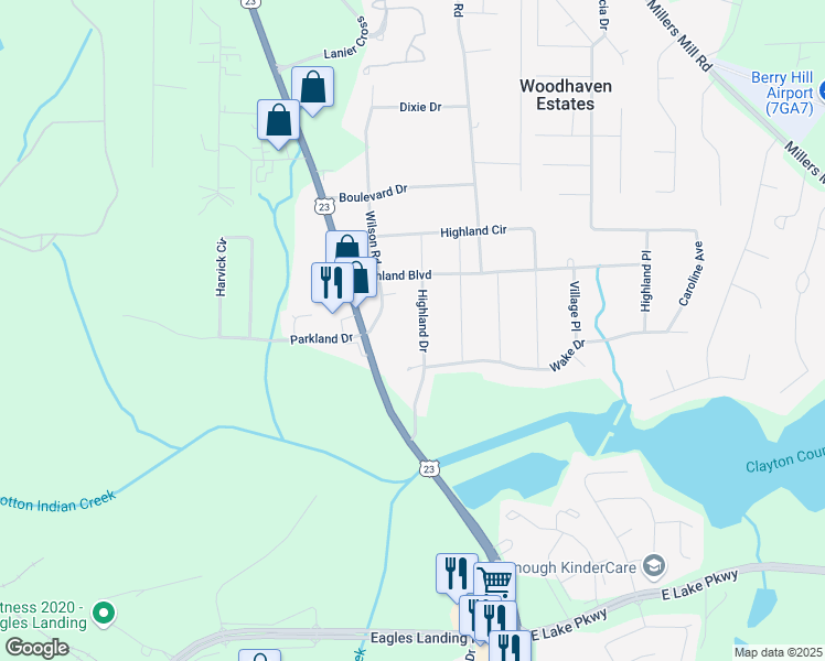 map of restaurants, bars, coffee shops, grocery stores, and more near 60 Highland Drive in Stockbridge