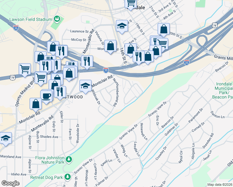 map of restaurants, bars, coffee shops, grocery stores, and more near 129 Deer Park Drive in Irondale