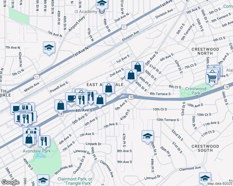 map of restaurants, bars, coffee shops, grocery stores, and more near 4640 5th Avenue South in Birmingham