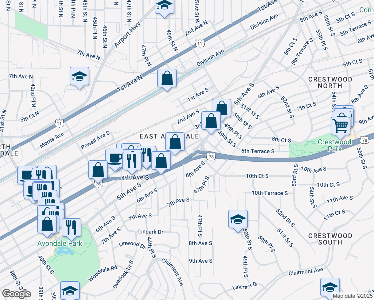 map of restaurants, bars, coffee shops, grocery stores, and more near 4640 5th Avenue South in Birmingham