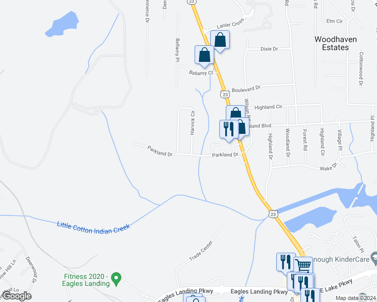 map of restaurants, bars, coffee shops, grocery stores, and more near 401 Harvick Circle in Stockbridge
