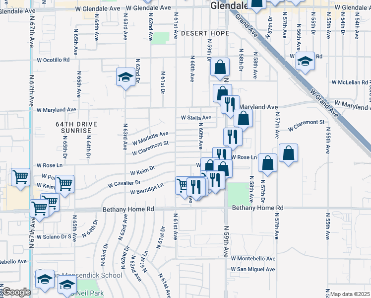 map of restaurants, bars, coffee shops, grocery stores, and more near 6023 West Rose Lane in Glendale