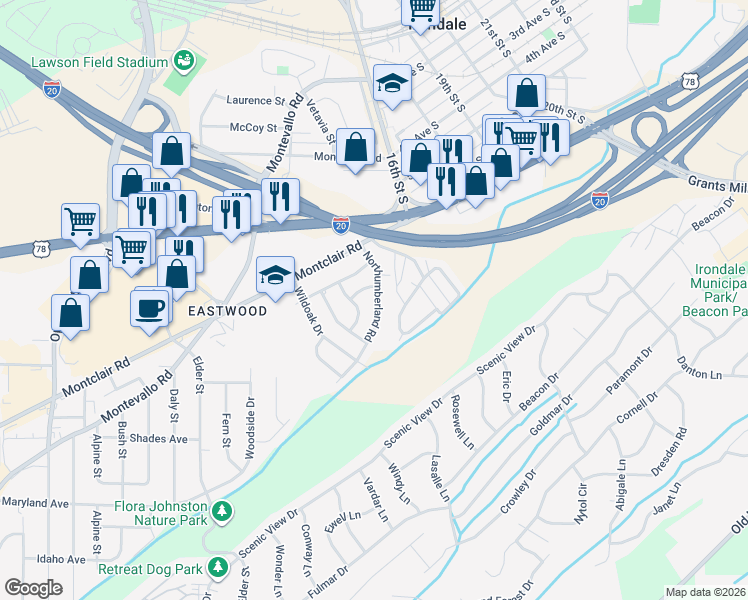 map of restaurants, bars, coffee shops, grocery stores, and more near 129 Deer Park Drive in Irondale