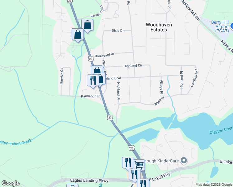 map of restaurants, bars, coffee shops, grocery stores, and more near 80 Highland Drive in Stockbridge