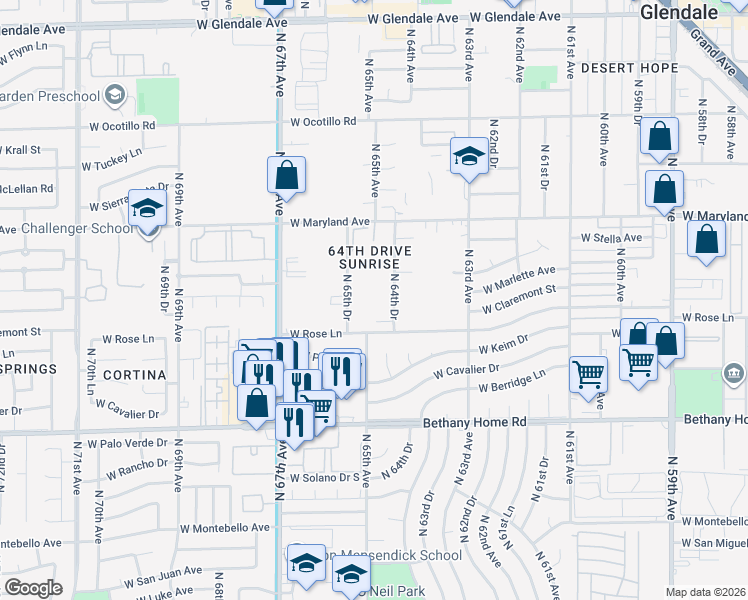 map of restaurants, bars, coffee shops, grocery stores, and more near 6218 North 64th Drive in Glendale
