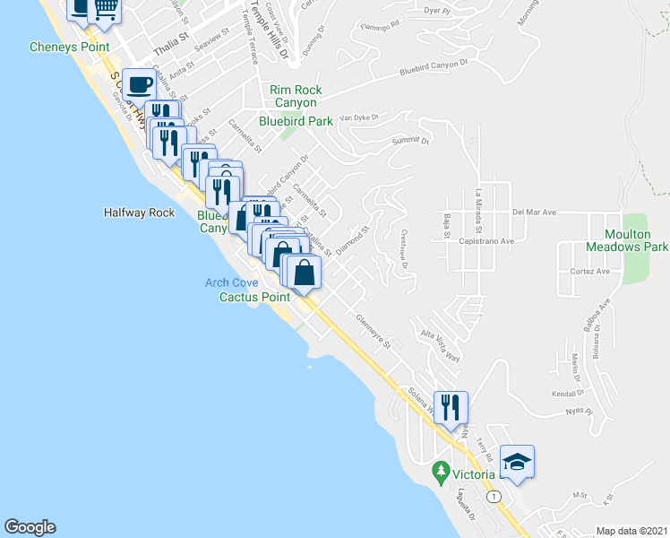 map of restaurants, bars, coffee shops, grocery stores, and more near 2072 Glenneyre Street in Laguna Beach
