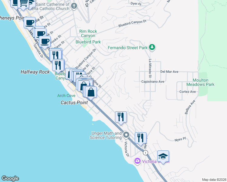map of restaurants, bars, coffee shops, grocery stores, and more near 2142 Ruby Place in Laguna Beach