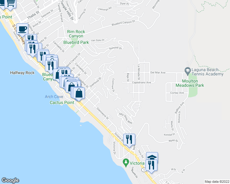 map of restaurants, bars, coffee shops, grocery stores, and more near 2300 Crestview Drive in Laguna Beach