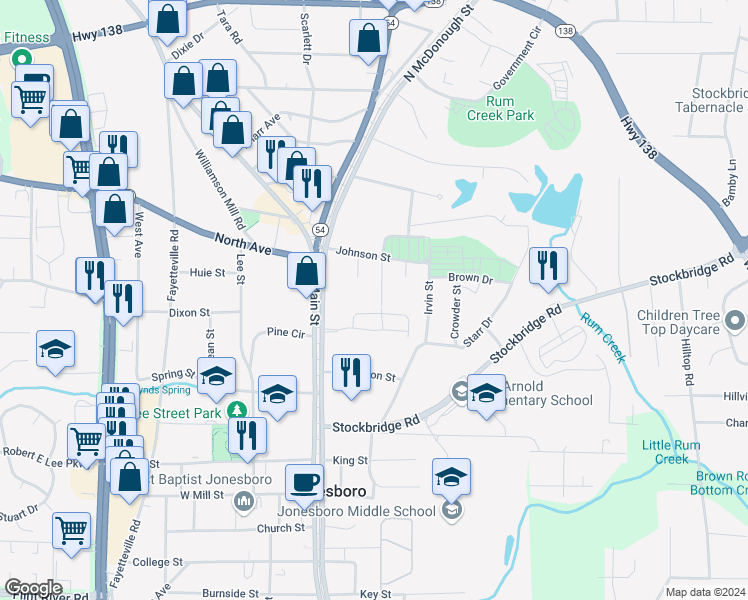 map of restaurants, bars, coffee shops, grocery stores, and more near 209 Wallis Street in Jonesboro