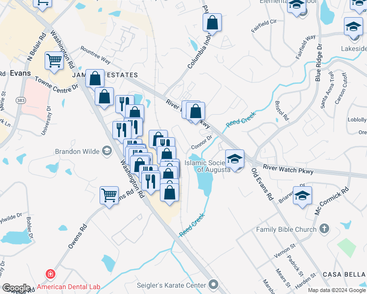map of restaurants, bars, coffee shops, grocery stores, and more near 386 Connor Circle in Evans