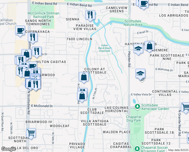 map of restaurants, bars, coffee shops, grocery stores, and more near 6350 North 78th Street in Scottsdale