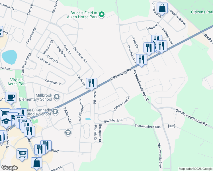 map of restaurants, bars, coffee shops, grocery stores, and more near 520 East Pine Log Road in Aiken