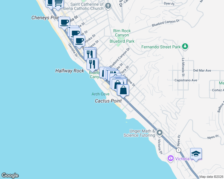 map of restaurants, bars, coffee shops, grocery stores, and more near 1833 South Coast Highway in Laguna Beach