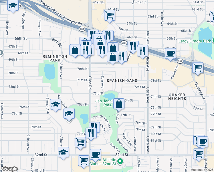 map of restaurants, bars, coffee shops, grocery stores, and more near 7203 Zoar Avenue in Lubbock