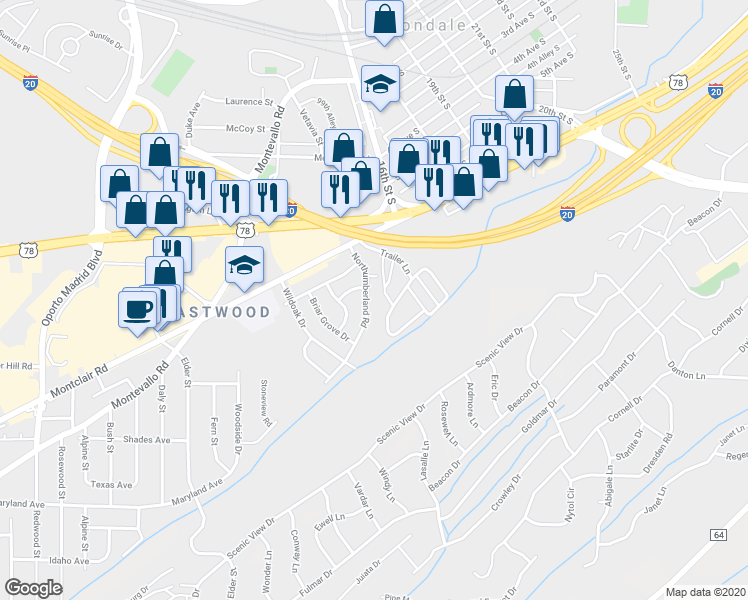 map of restaurants, bars, coffee shops, grocery stores, and more near 5145 Northumberland Road in Irondale