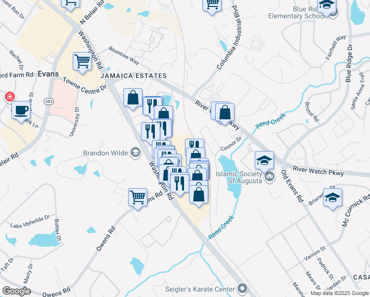 map of restaurants, bars, coffee shops, grocery stores, and more near 4227 Washington Road in Evans