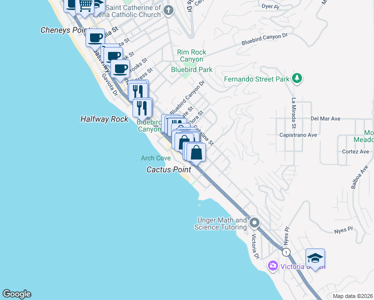 map of restaurants, bars, coffee shops, grocery stores, and more near 260 Diamond Street in Laguna Beach
