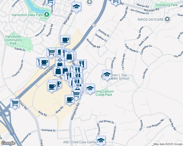 map of restaurants, bars, coffee shops, grocery stores, and more near 40426 Chantemar Way in Temecula