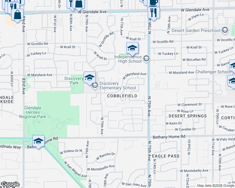 map of restaurants, bars, coffee shops, grocery stores, and more near 7771 West Marlette Avenue in Glendale