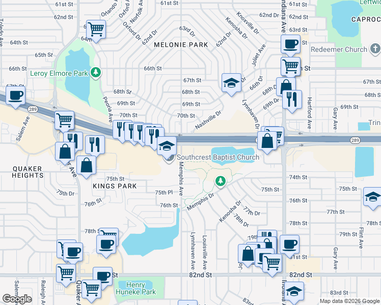 map of restaurants, bars, coffee shops, grocery stores, and more near 7209 Louisville Ave in Lubbock