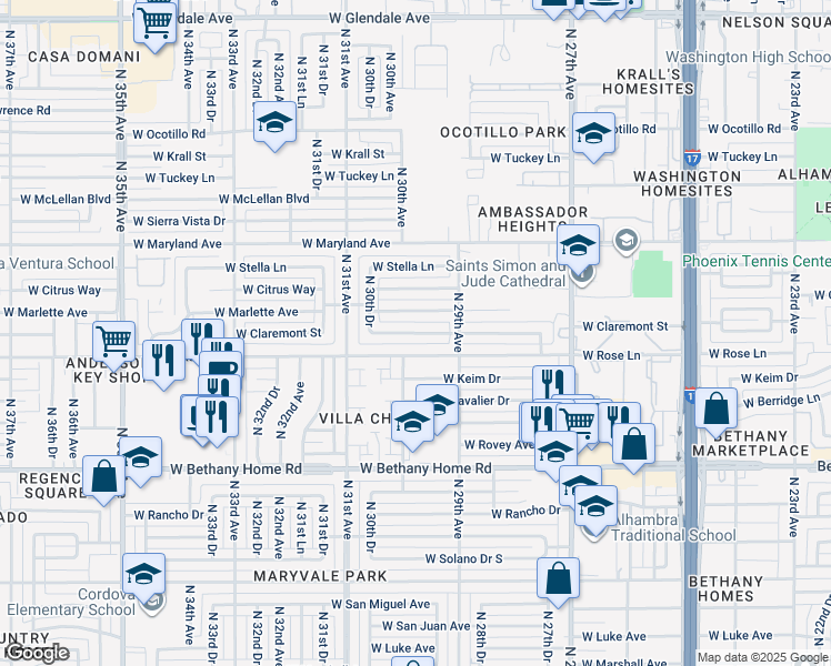 map of restaurants, bars, coffee shops, grocery stores, and more near West Claremont Street in Phoenix