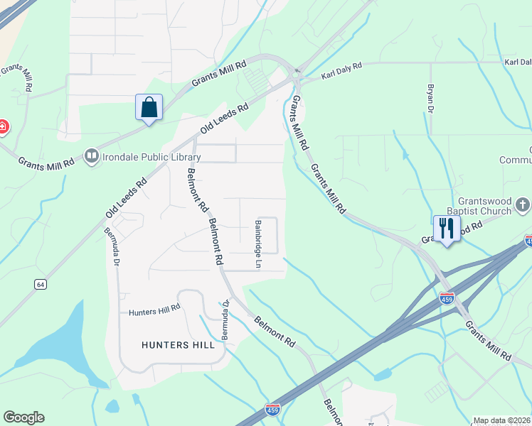 map of restaurants, bars, coffee shops, grocery stores, and more near 851 Bainbridge Way in Birmingham