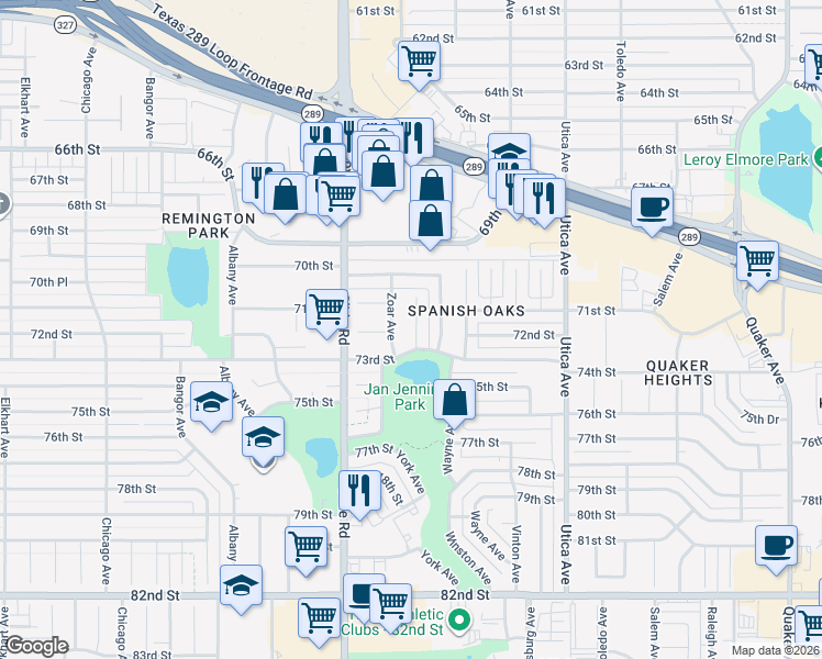 map of restaurants, bars, coffee shops, grocery stores, and more near 7203 Zoar Avenue in Lubbock