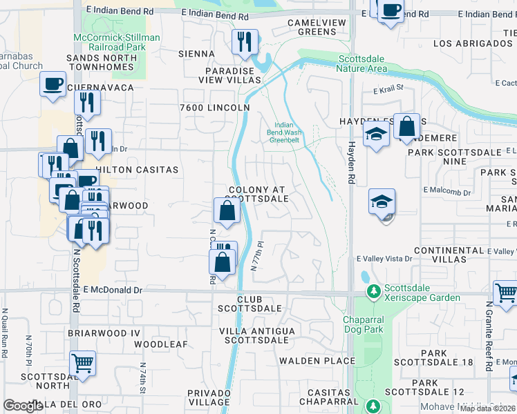 map of restaurants, bars, coffee shops, grocery stores, and more near 6144 North 77th Place in Scottsdale