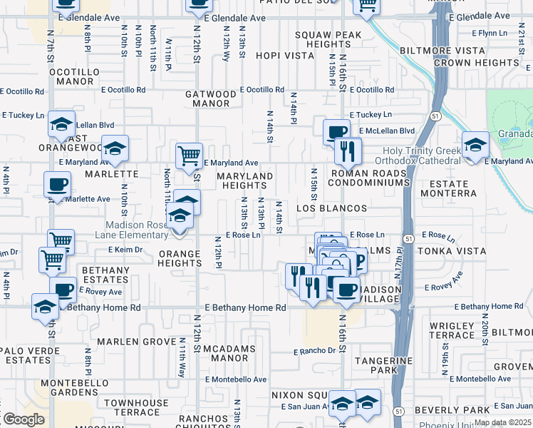 map of restaurants, bars, coffee shops, grocery stores, and more near 6214 North 14th Street in Phoenix