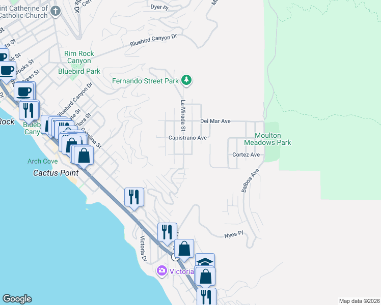 map of restaurants, bars, coffee shops, grocery stores, and more near 855 Miramar Street in Laguna Beach