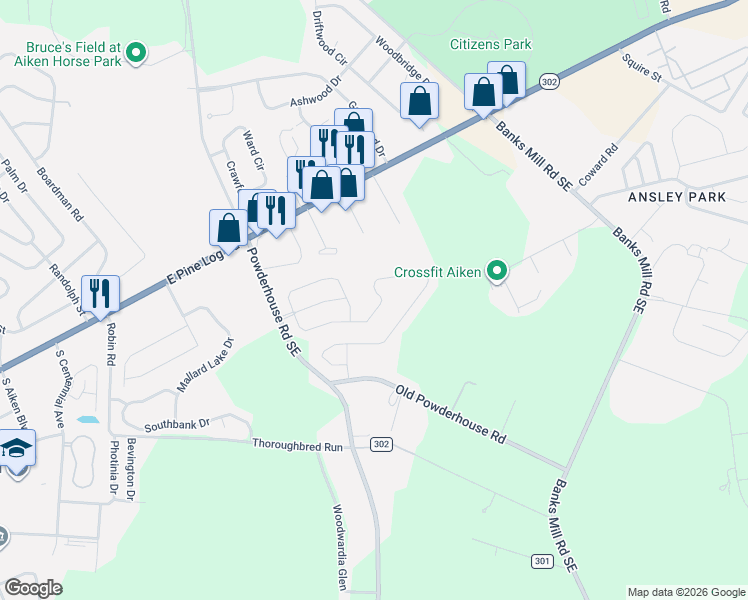 map of restaurants, bars, coffee shops, grocery stores, and more near 202 Tahoe Drive in Aiken