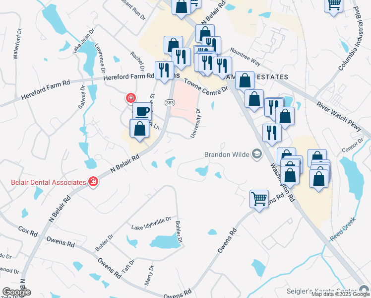 map of restaurants, bars, coffee shops, grocery stores, and more near 555-565 University Drive in Evans