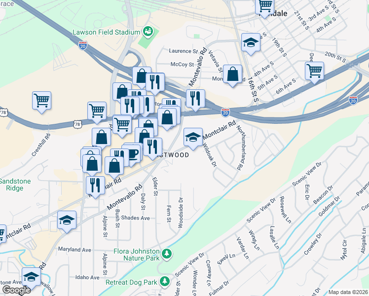 map of restaurants, bars, coffee shops, grocery stores, and more near 1757 Montclair Road in Irondale