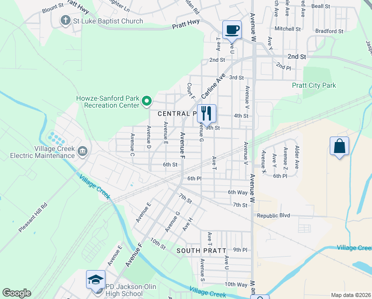 map of restaurants, bars, coffee shops, grocery stores, and more near 613 5th Place Pratt in Birmingham