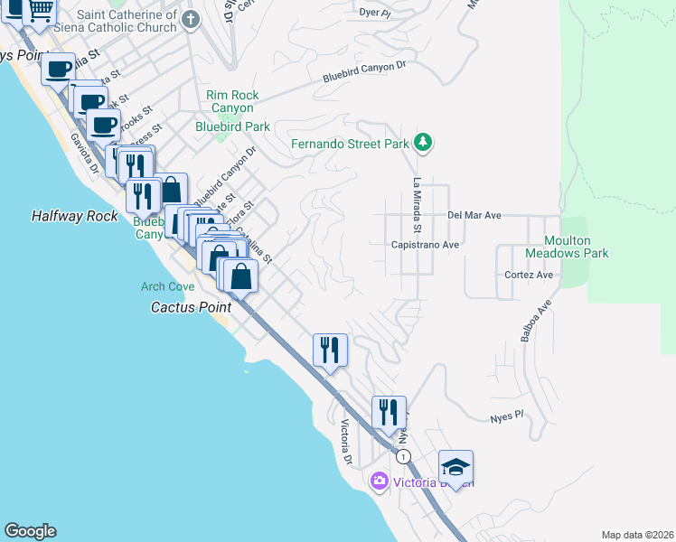 map of restaurants, bars, coffee shops, grocery stores, and more near 2192 Crestview Drive in Laguna Beach