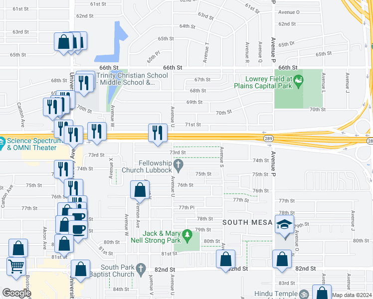 map of restaurants, bars, coffee shops, grocery stores, and more near 1930 73rd Street in Lubbock