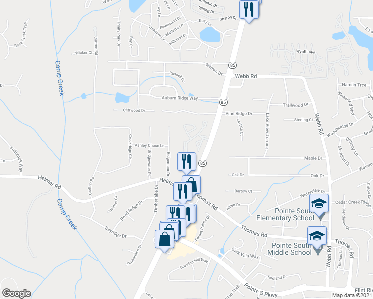 map of restaurants, bars, coffee shops, grocery stores, and more near 407 Chase Ridge Drive in Riverdale