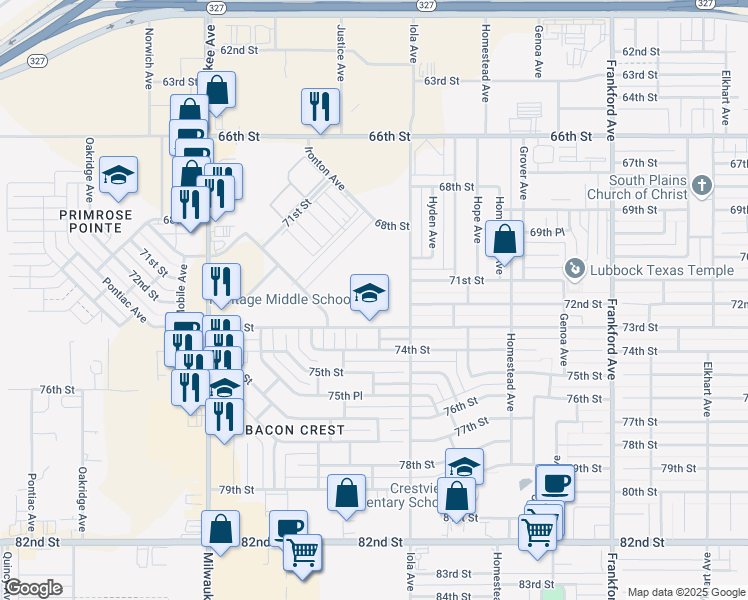 map of restaurants, bars, coffee shops, grocery stores, and more near 6110 73rd Street in Lubbock