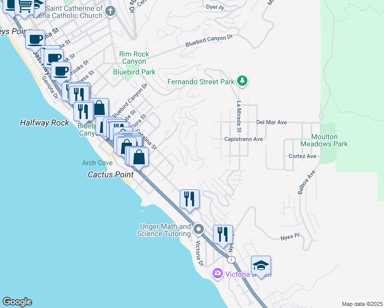 map of restaurants, bars, coffee shops, grocery stores, and more near 2210 Crestview Drive in Laguna Beach