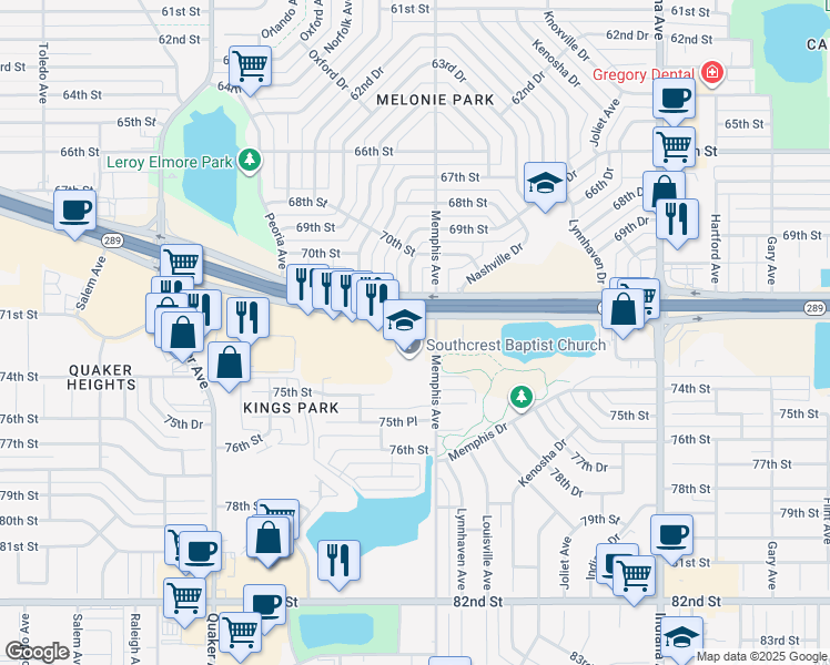 map of restaurants, bars, coffee shops, grocery stores, and more near 73rd Street in Lubbock