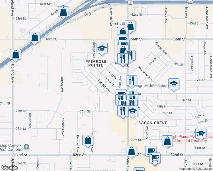 map of restaurants, bars, coffee shops, grocery stores, and more near 7209 Pontiac Avenue in Lubbock
