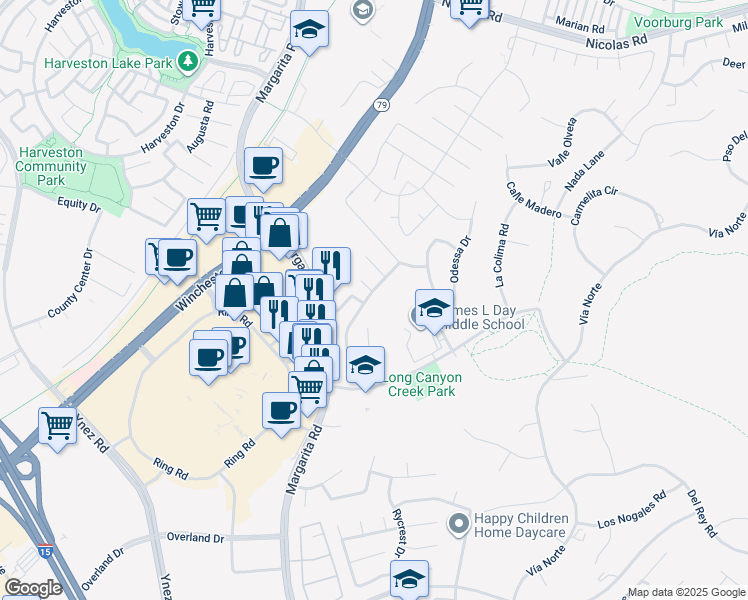 map of restaurants, bars, coffee shops, grocery stores, and more near 40418 Chantemar Way in Temecula