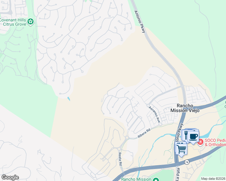 map of restaurants, bars, coffee shops, grocery stores, and more near 16 Garza Court in Ladera Ranch