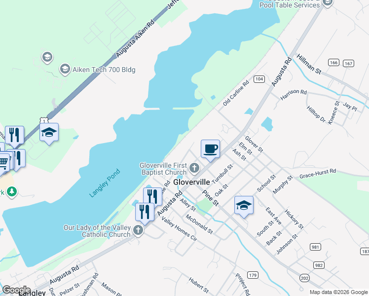 map of restaurants, bars, coffee shops, grocery stores, and more near 199 Carline Road in Gloverville