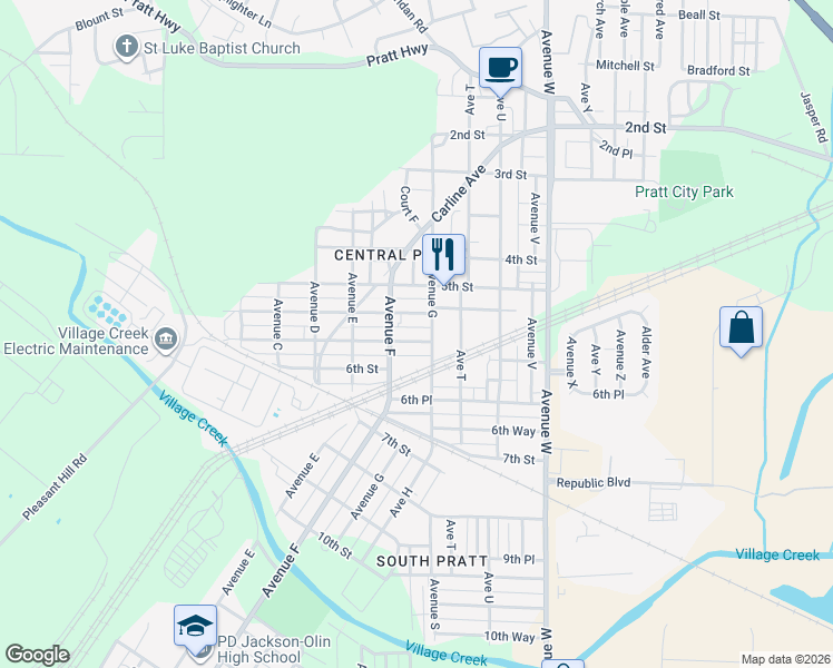 map of restaurants, bars, coffee shops, grocery stores, and more near 613 5th Place Pratt in Birmingham