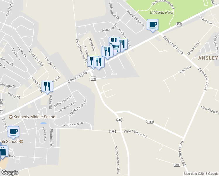 map of restaurants, bars, coffee shops, grocery stores, and more near 151 Kirkwood Drive in Aiken