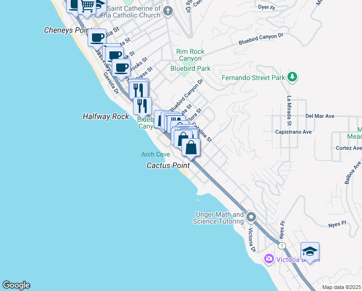 map of restaurants, bars, coffee shops, grocery stores, and more near 1873 South Coast Highway in Laguna Beach