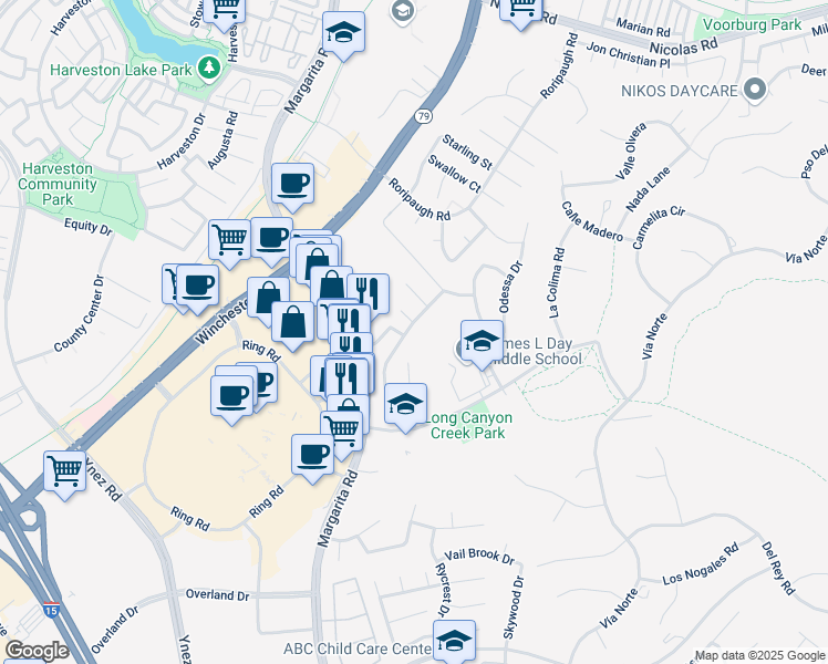 map of restaurants, bars, coffee shops, grocery stores, and more near 40418 Chantemar Way in Temecula