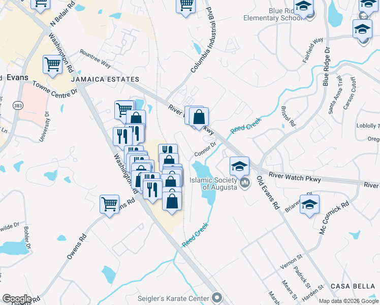 map of restaurants, bars, coffee shops, grocery stores, and more near 394 Connor Circle in Evans